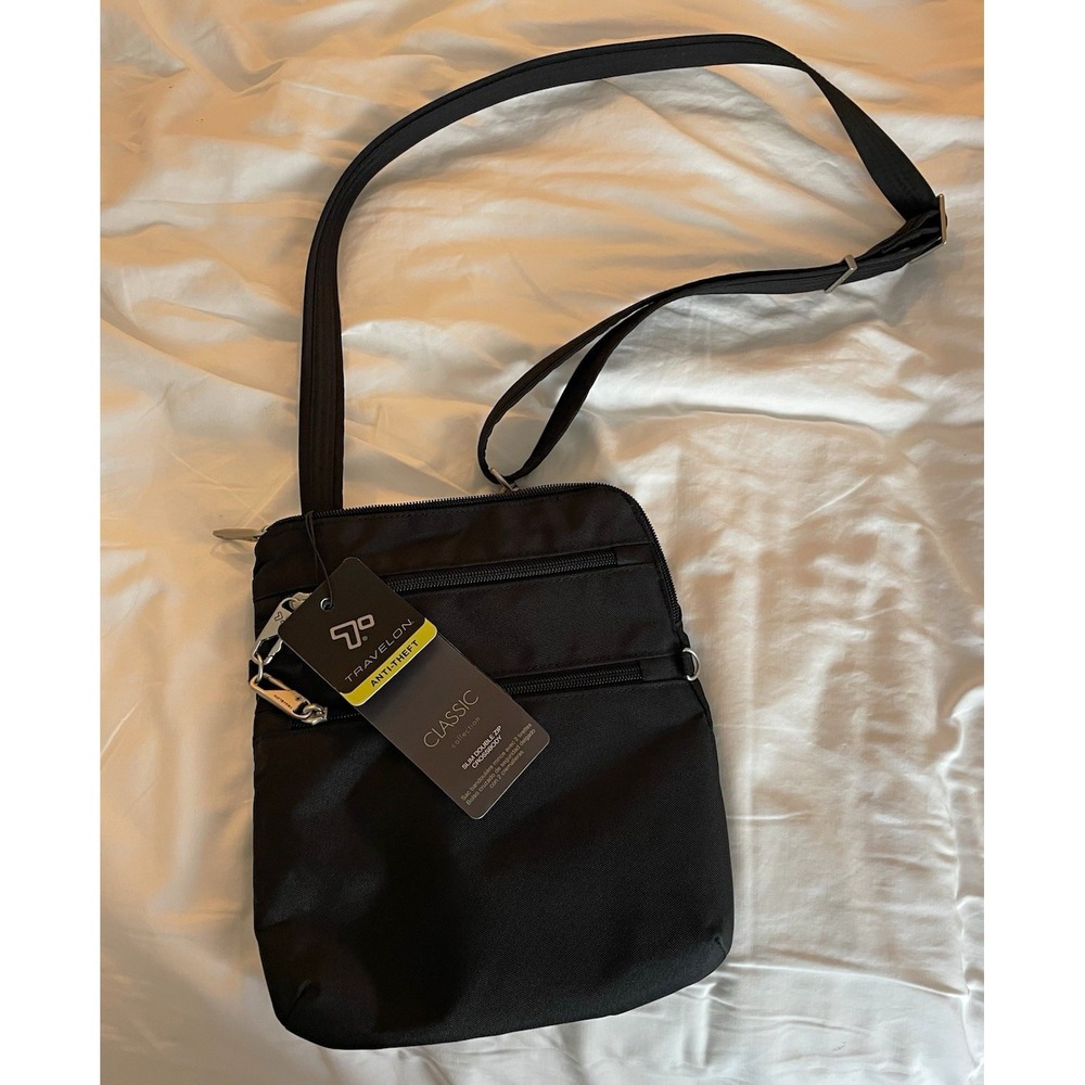 Travelon Women's Black Anti-Theft Slim Double Zip Crossbody-New with Tags